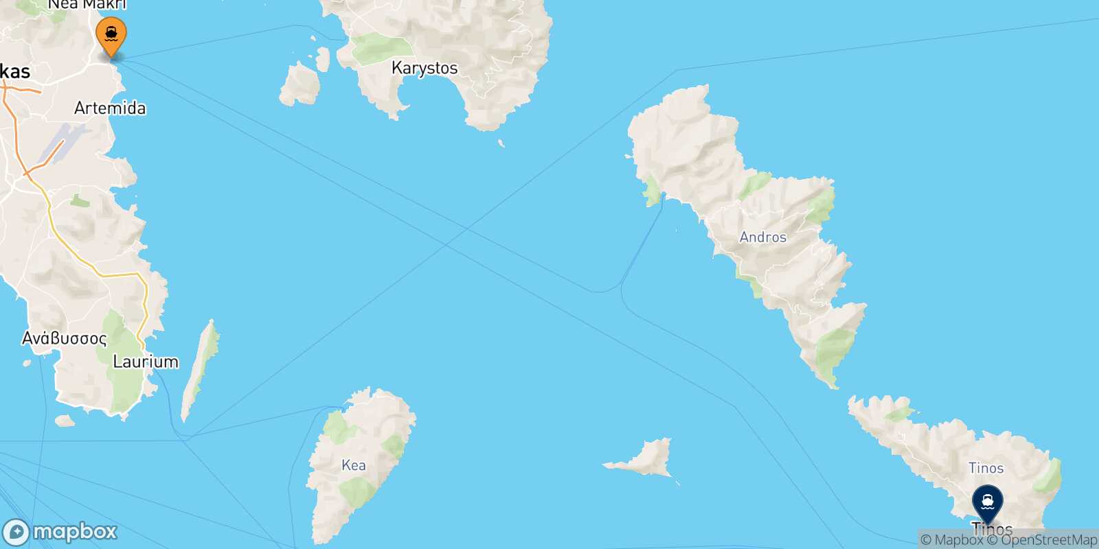 Carte des traverséesRafina Tinos