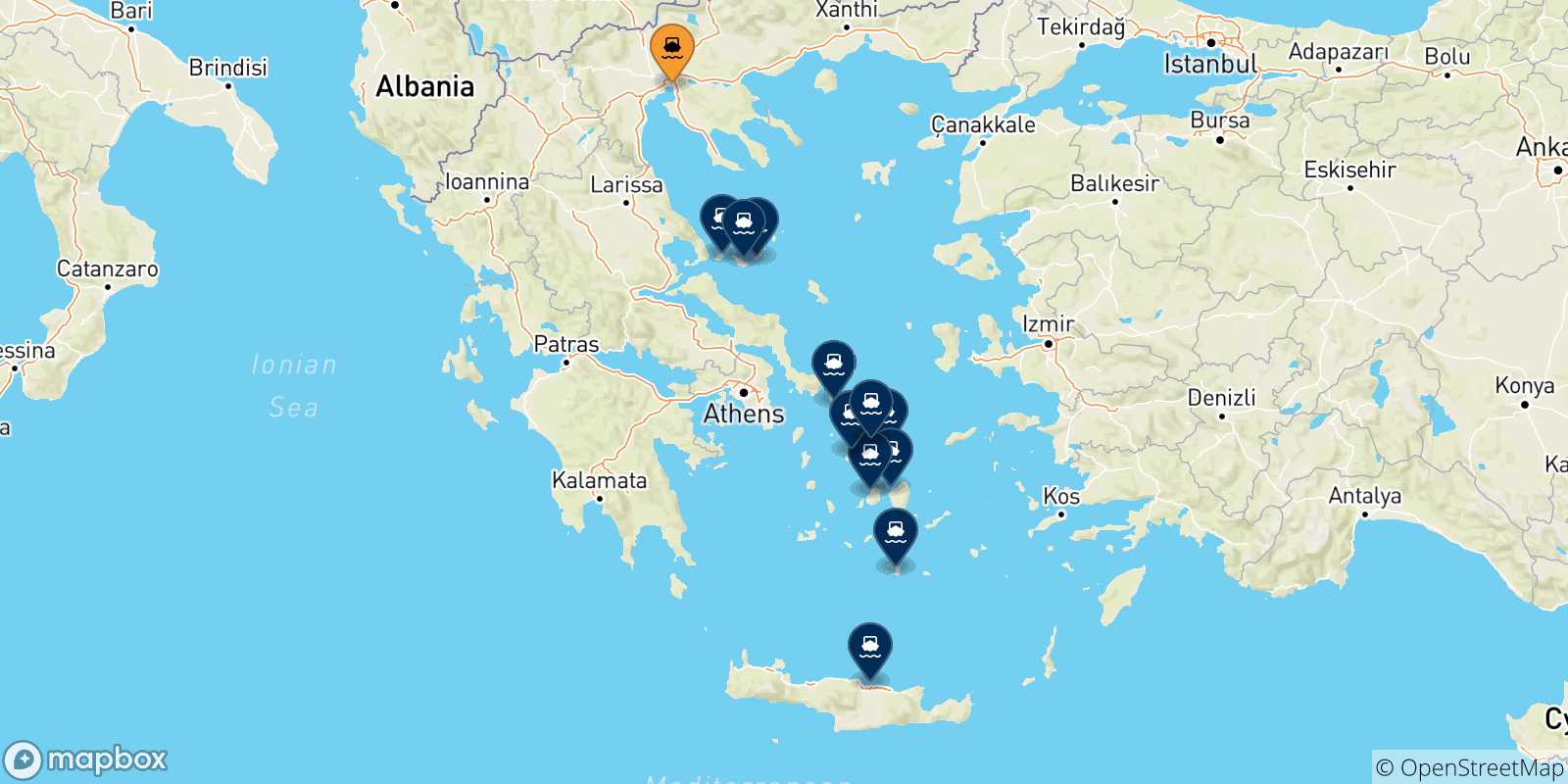 Carte des traversées possibles entre Thessalonique et la Grèce