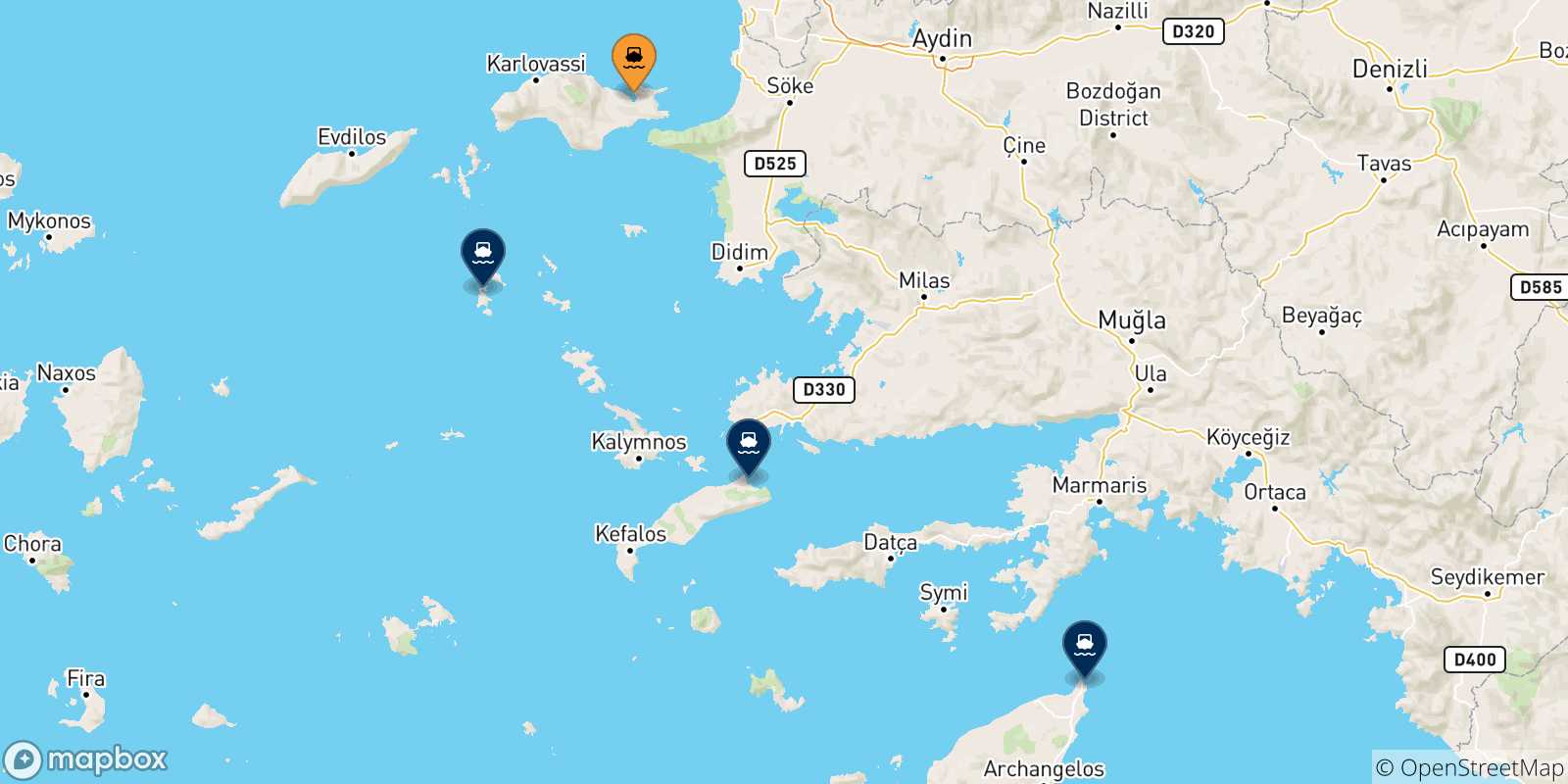 Carte des traversées possibles entre Vathi (Samos) et Îles Du Dodécanèse
