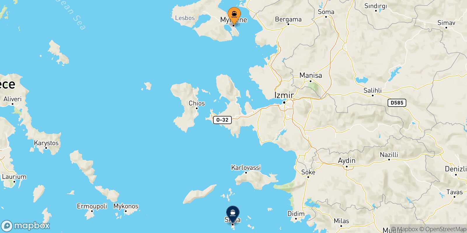 Carte des traverséesMytilene (Lesvos) Patmos
