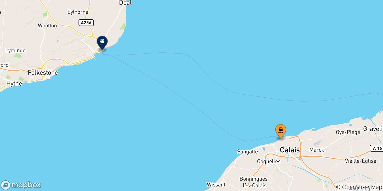 Carte des traversées possibles entre Calais et l'Angleterre
